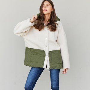 Petal Dew Contrast Spliced Sherpa Quilted Hooded Jacket